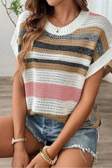 Stripe Color Block Eyelet Knit Short Sleeve Knit Top