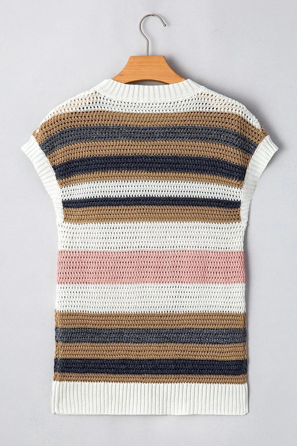 Stripe Color Block Eyelet Knit Short Sleeve Knit Top