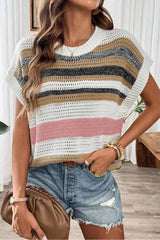 Stripe Color Block Eyelet Knit Short Sleeve Knit Top