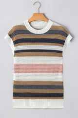 Stripe Color Block Eyelet Knit Short Sleeve Knit Top