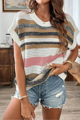 Stripe Color Block Eyelet Knit Short Sleeve Knit Top Dusty Pink / S
