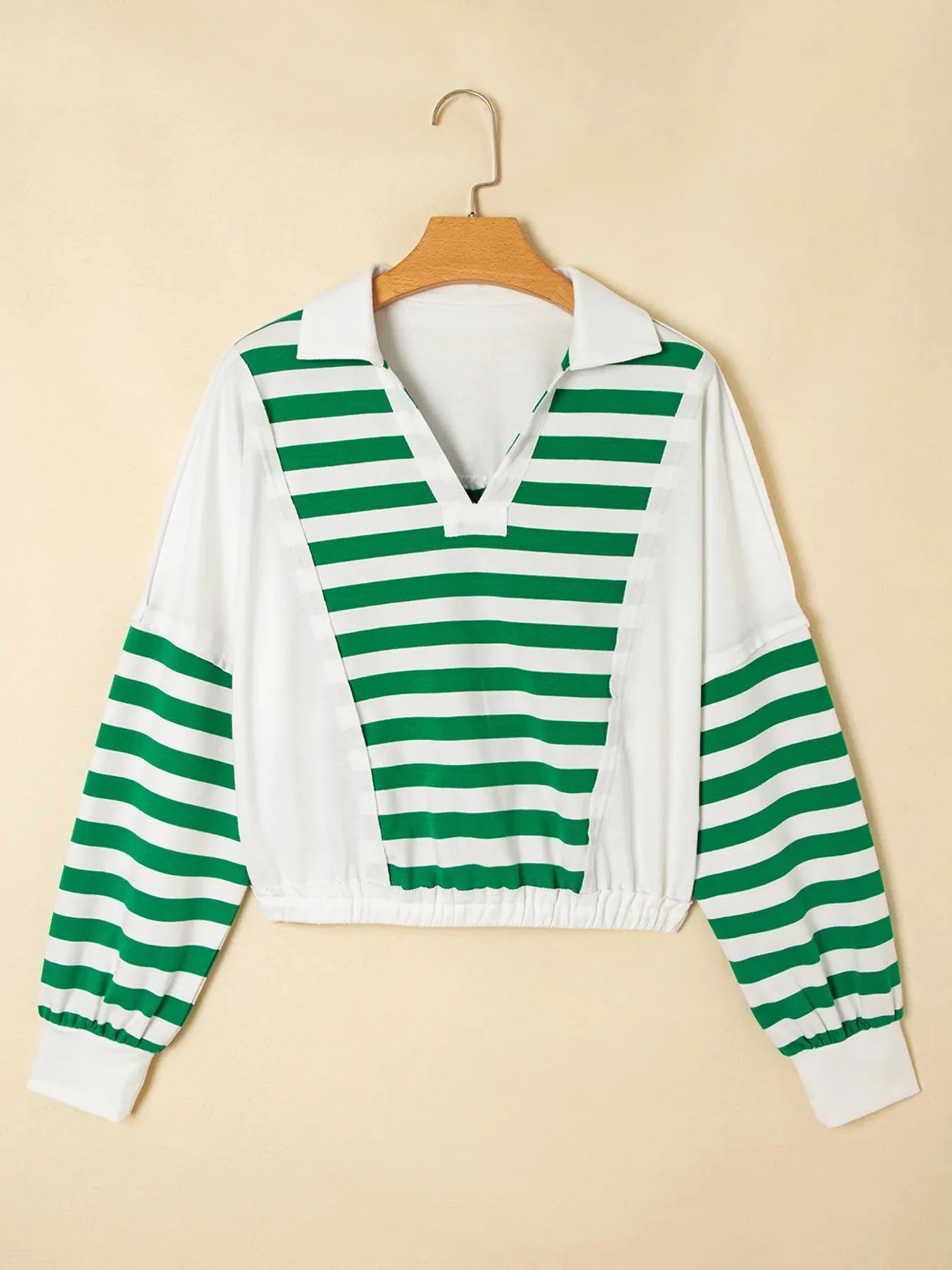 Stripe Colorblock Collared V Neck Cropped Top