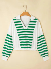 Stripe Colorblock Collared V Neck Cropped Top