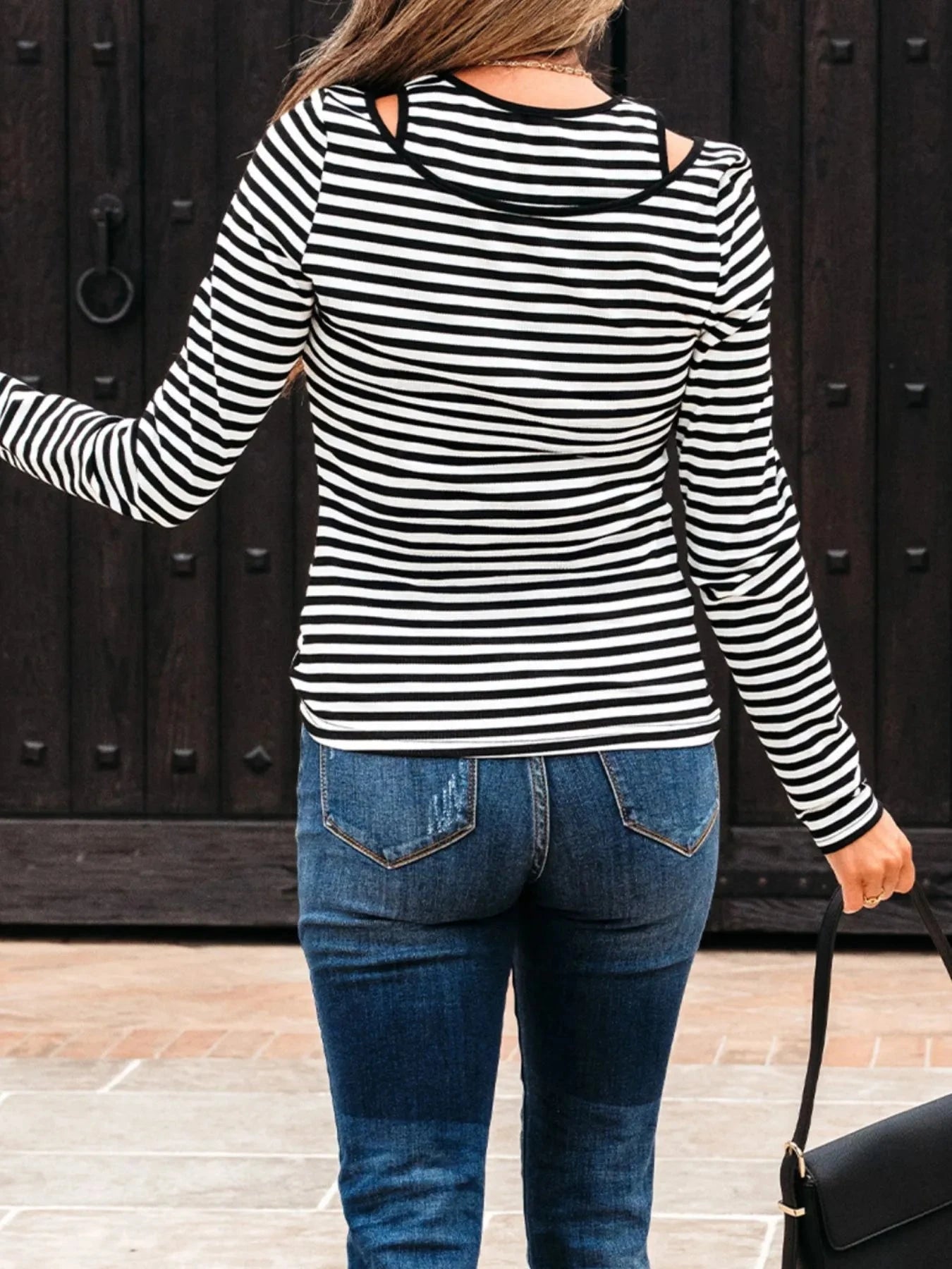 Stripe Double-layer Cold Shoulder Long Sleeve Top