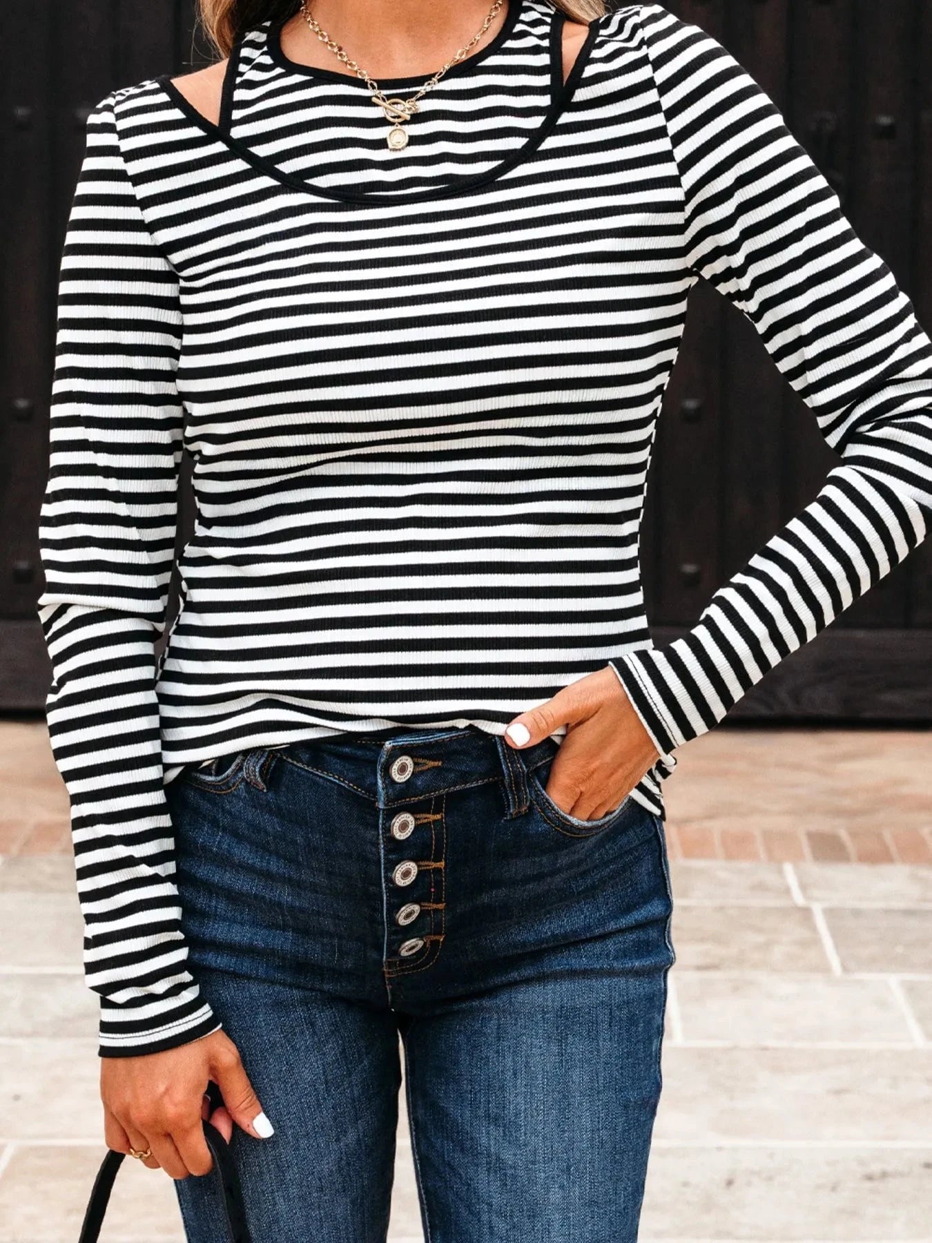 Stripe Double-layer Cold Shoulder Long Sleeve Top