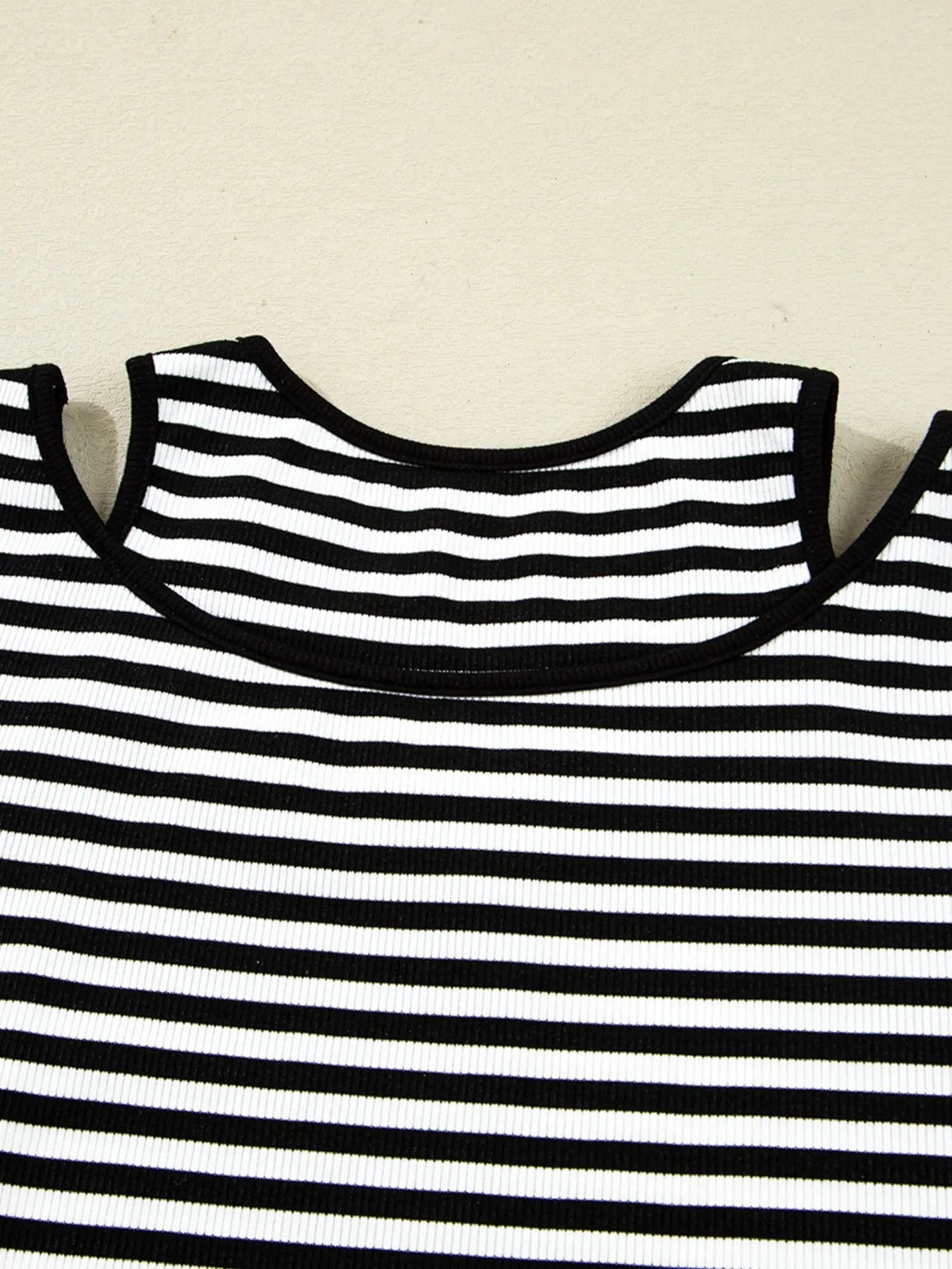 Stripe Double-layer Cold Shoulder Long Sleeve Top