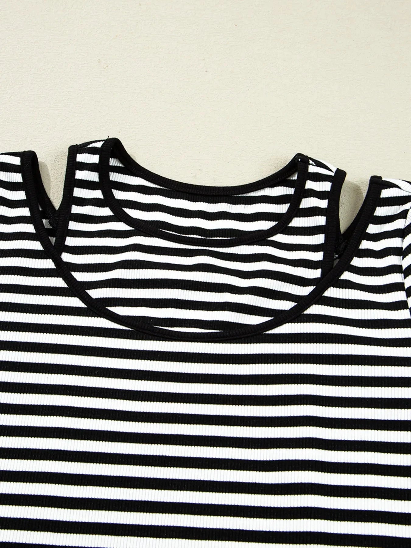 Stripe Double-layer Cold Shoulder Long Sleeve Top