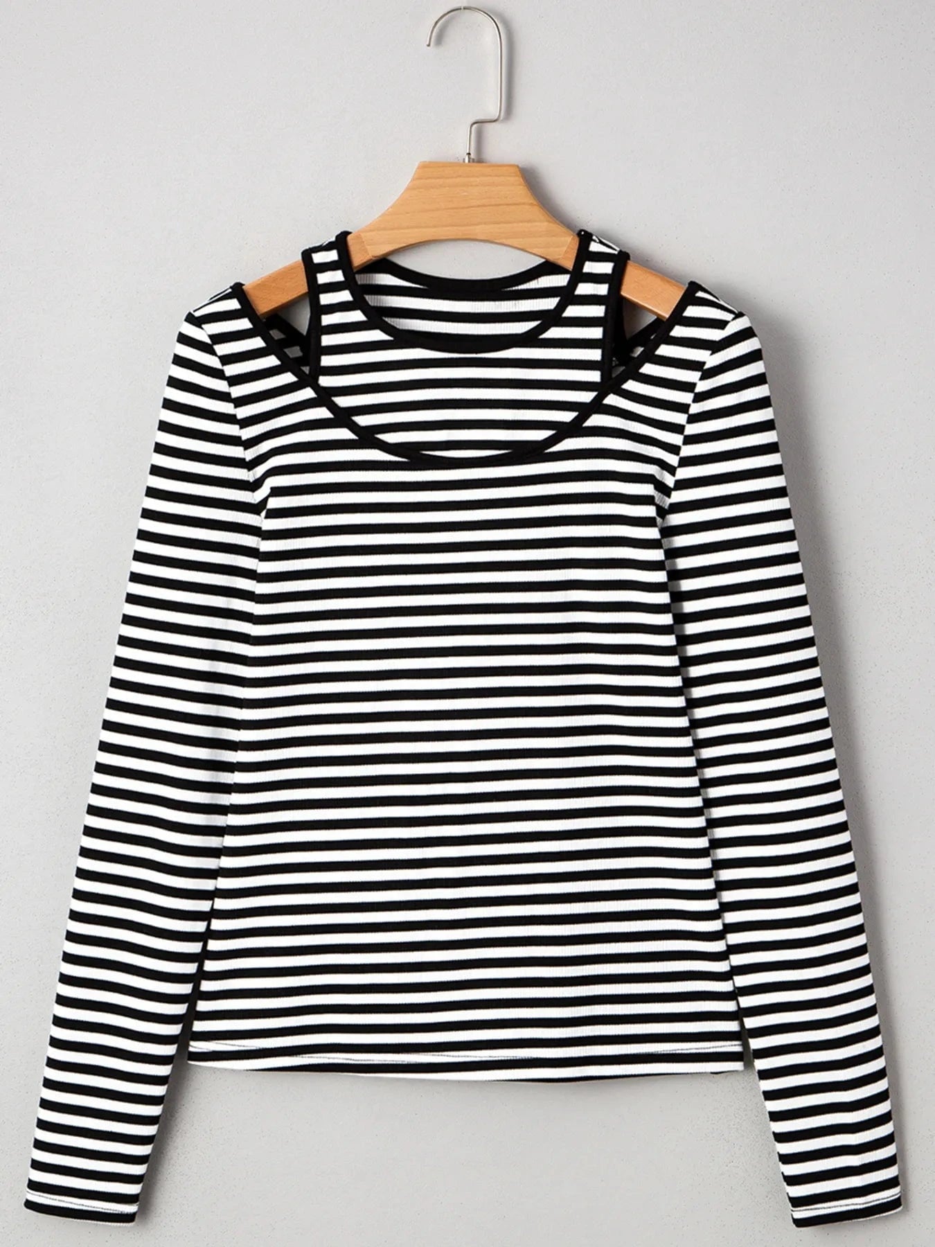 Stripe Double-layer Cold Shoulder Long Sleeve Top