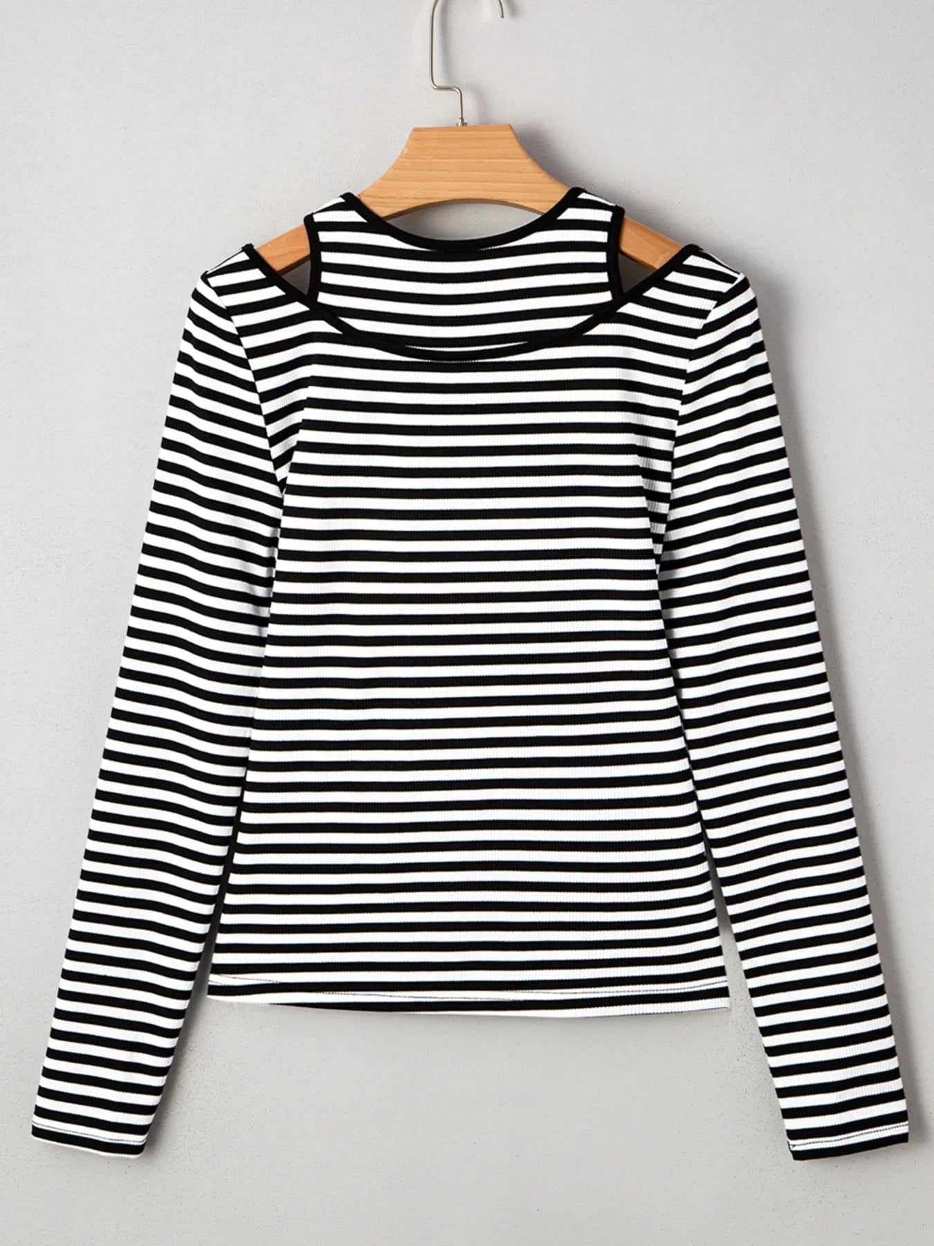 Stripe Double-layer Cold Shoulder Long Sleeve Top