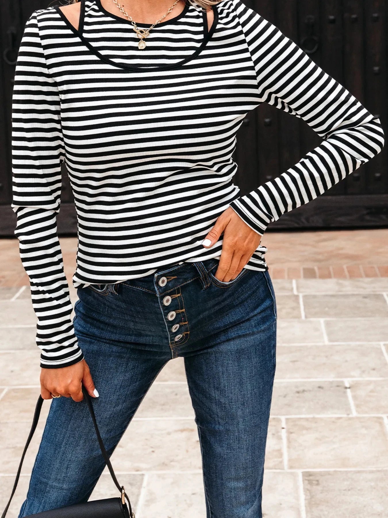 Stripe Double-layer Cold Shoulder Long Sleeve Top
