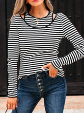 Stripe Double-layer Cold Shoulder Long Sleeve Top Stripe / S