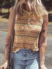 Stripe Eyelet Crochet Round Neck Sweater Vest