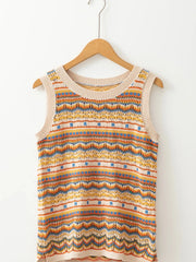 Stripe Eyelet Crochet Round Neck Sweater Vest