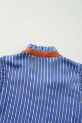 Stripe Frilly Split Neck Shirred Ruffle Sleeve Short Shift Dress