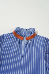 Stripe Frilly Split Neck Shirred Ruffle Sleeve Short Shift Dress
