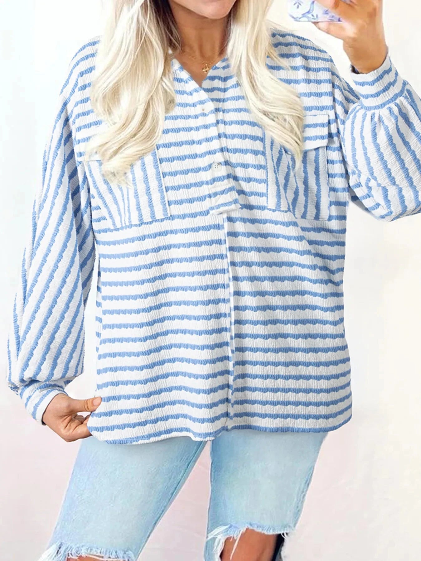 Stripe Half Button Collared Chest Pockets Loose Fit Blouse Light Blue / S