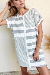 Stripe Mixed Short Sleeve Shift Mini Tee Dress Gray / S