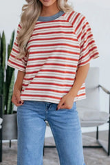 Stripe Print Contrast Collar Raglan Sleeve T Shirt
