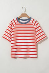 Stripe Print Contrast Collar Raglan Sleeve T Shirt