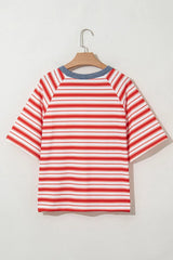 Stripe Print Contrast Collar Raglan Sleeve T Shirt
