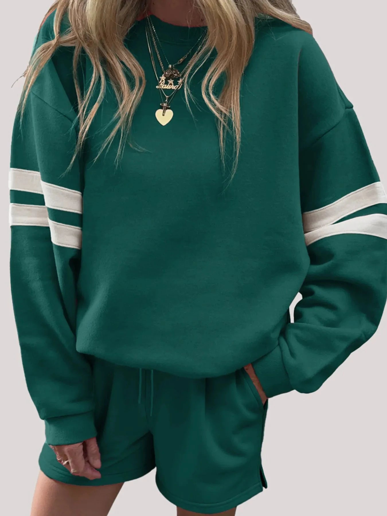 Stripe Round Neck Sweatshirt and Shorts Set