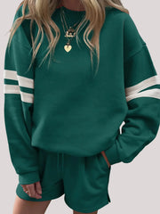 Stripe Round Neck Sweatshirt and Shorts Set