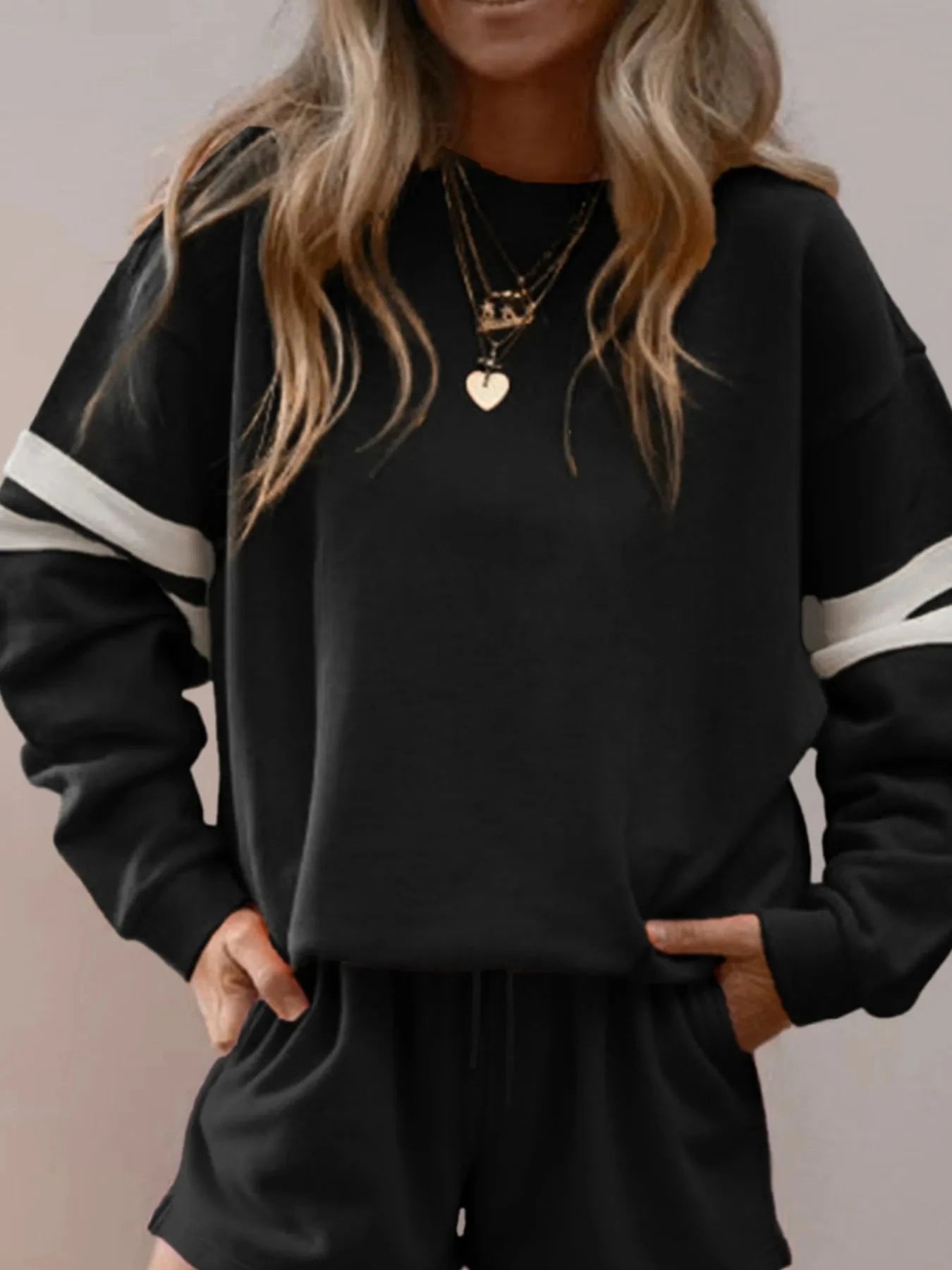 Stripe Round Neck Sweatshirt and Shorts Set
