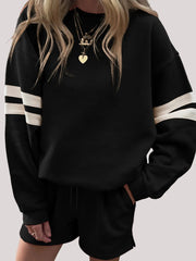 Stripe Round Neck Sweatshirt and Shorts Set Black / S