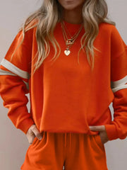 Stripe Round Neck Sweatshirt and Shorts Set Orange / S
