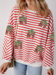 Stripe Sequin Christmas Gift Patched Drop Shoulder Sweatshirt