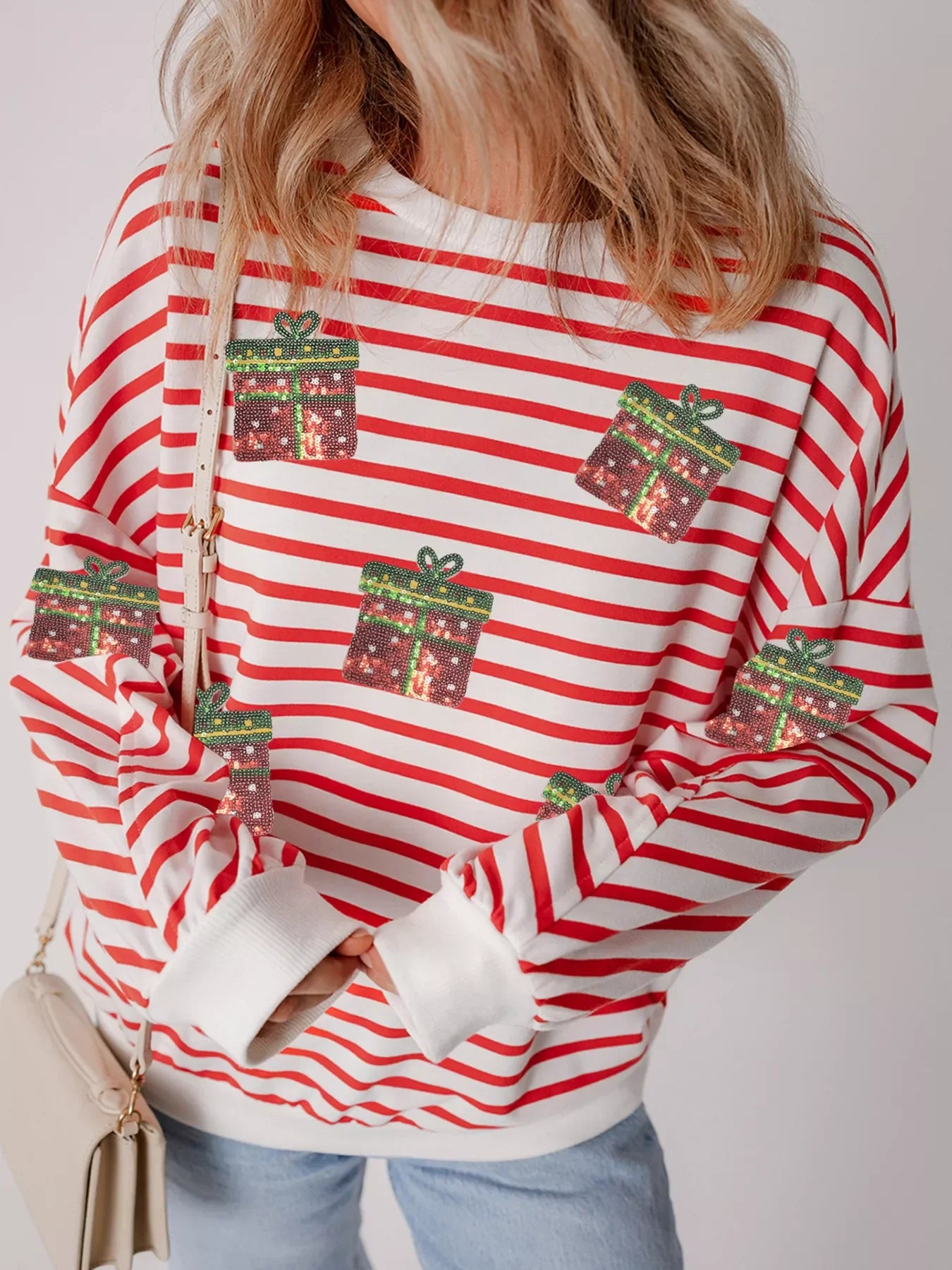 Stripe Sequin Christmas Gift Patched Drop Shoulder Sweatshirt Burnt Coral / M
