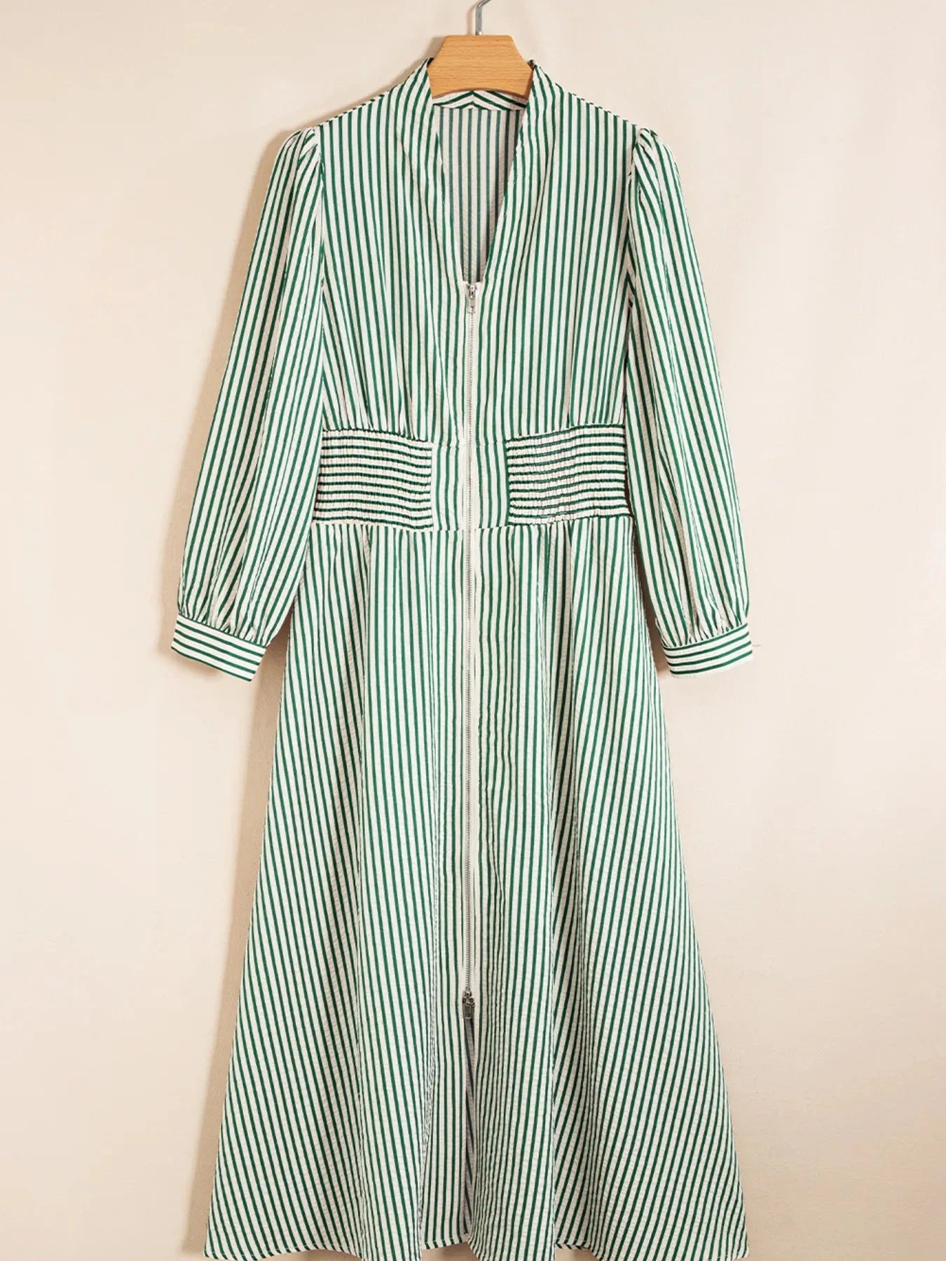 Stripe V Neck Zip Front Cinched High Waist Midi Dress