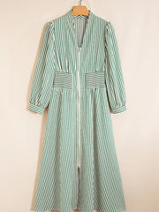 Stripe V Neck Zip Front Cinched High Waist Midi Dress