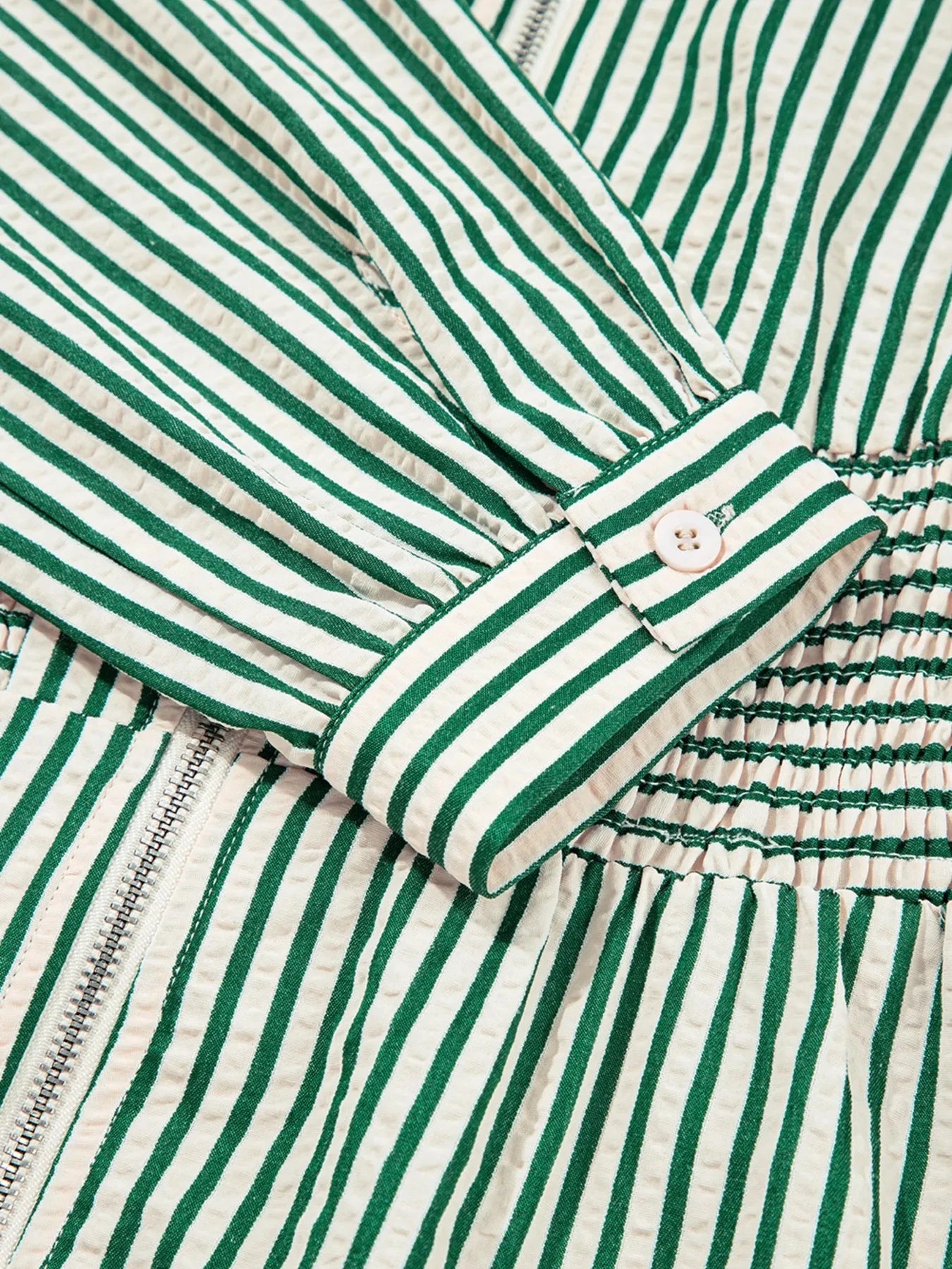 Stripe V Neck Zip Front Cinched High Waist Midi Dress