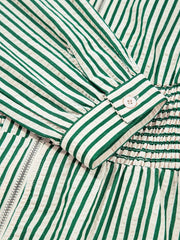 Stripe V Neck Zip Front Cinched High Waist Midi Dress