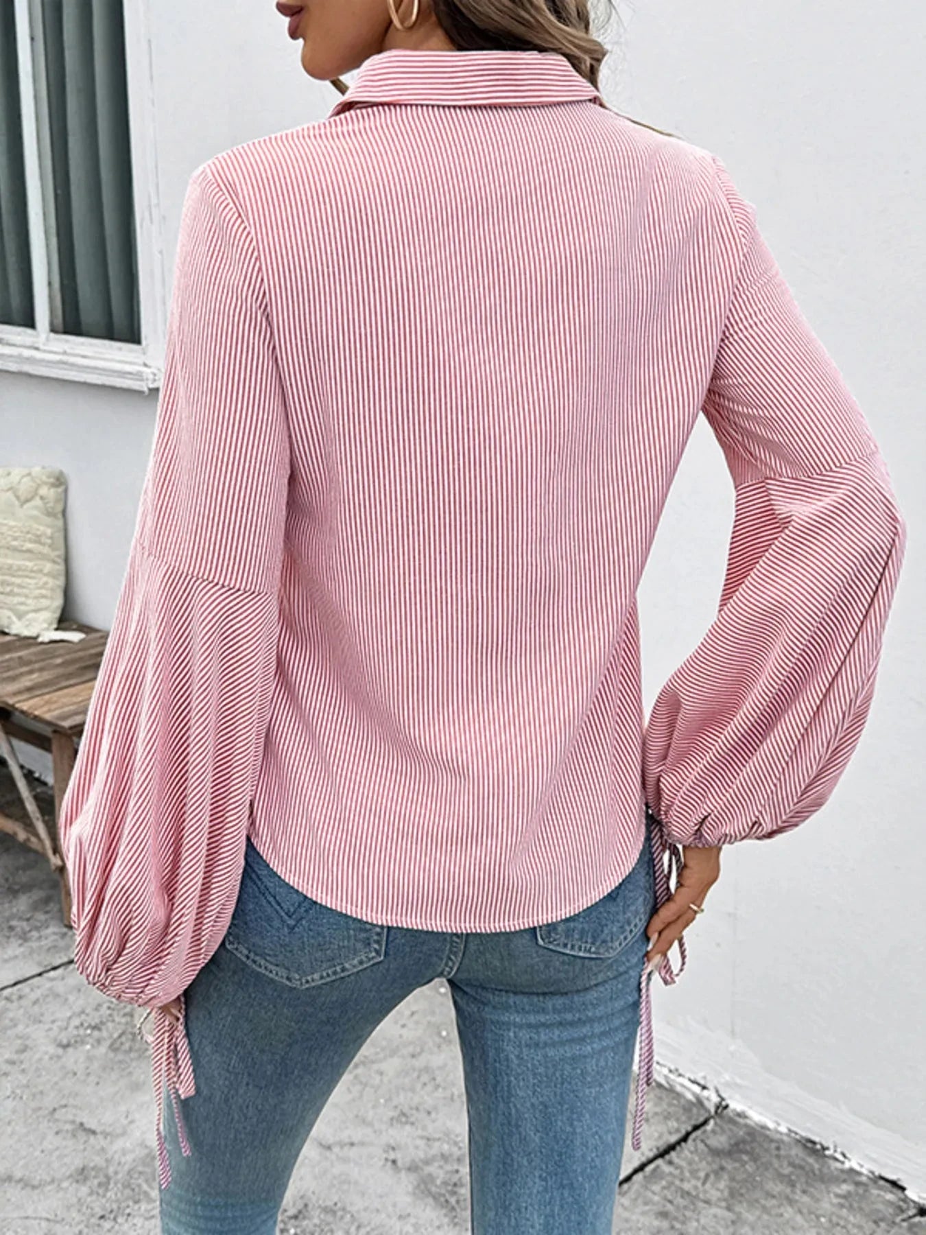 Striped Balloon Sleeve Button-Up Shirt