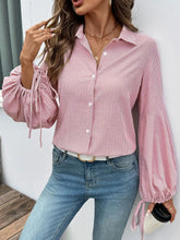 Striped Balloon Sleeve Button-Up Shirt Red / S
