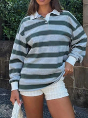Striped Button Detail Long Sleeve Polo