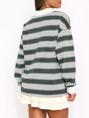 Striped Button Detail Long Sleeve Polo