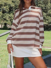 Striped Button Detail Long Sleeve Polo