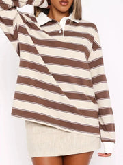 Striped Button Detail Long Sleeve Polo Khaki / S