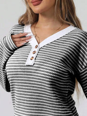 Striped Button Detail Long Sleeve Top