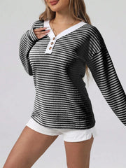 Striped Button Detail Long Sleeve Top