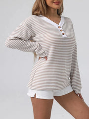 Striped Button Detail Long Sleeve Top