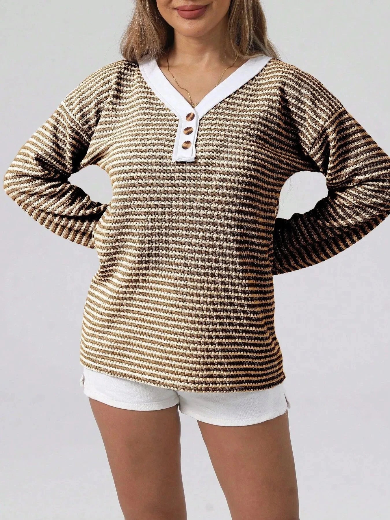 Striped Button Detail Long Sleeve Top Coffee Brown / S