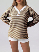 Striped Button Detail Long Sleeve Top Coffee Brown / S