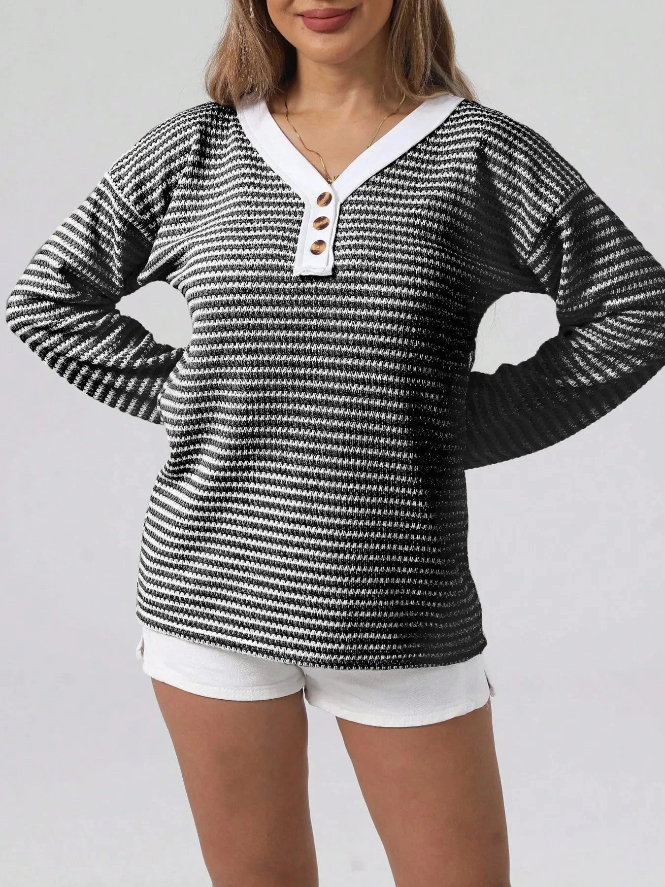 Striped Button Detail Long Sleeve Top Gray / S
