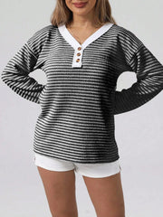 Striped Button Detail Long Sleeve Top Gray / S