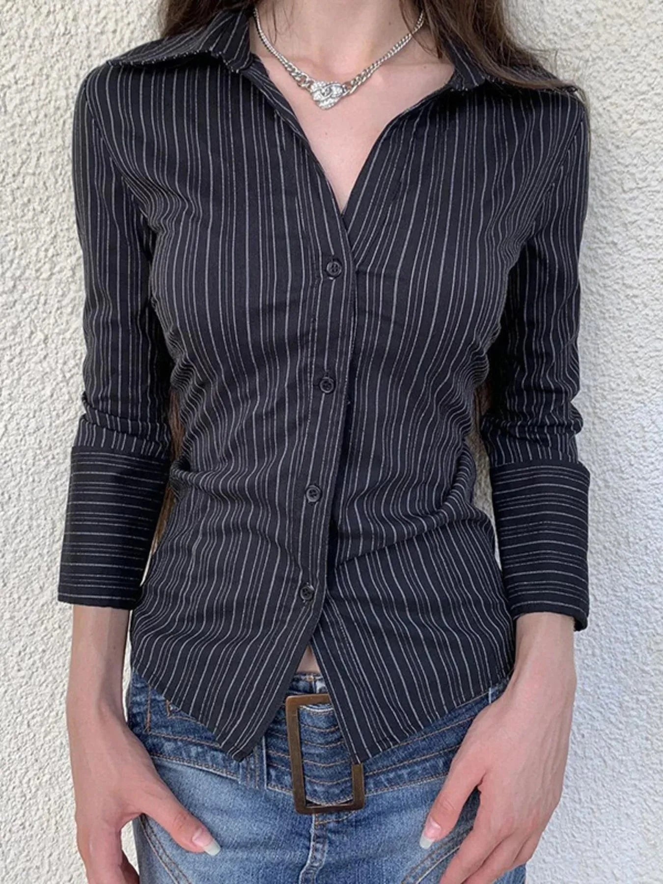 Striped Button-Down Collared Neck Shirt Black Long Sleeves / S