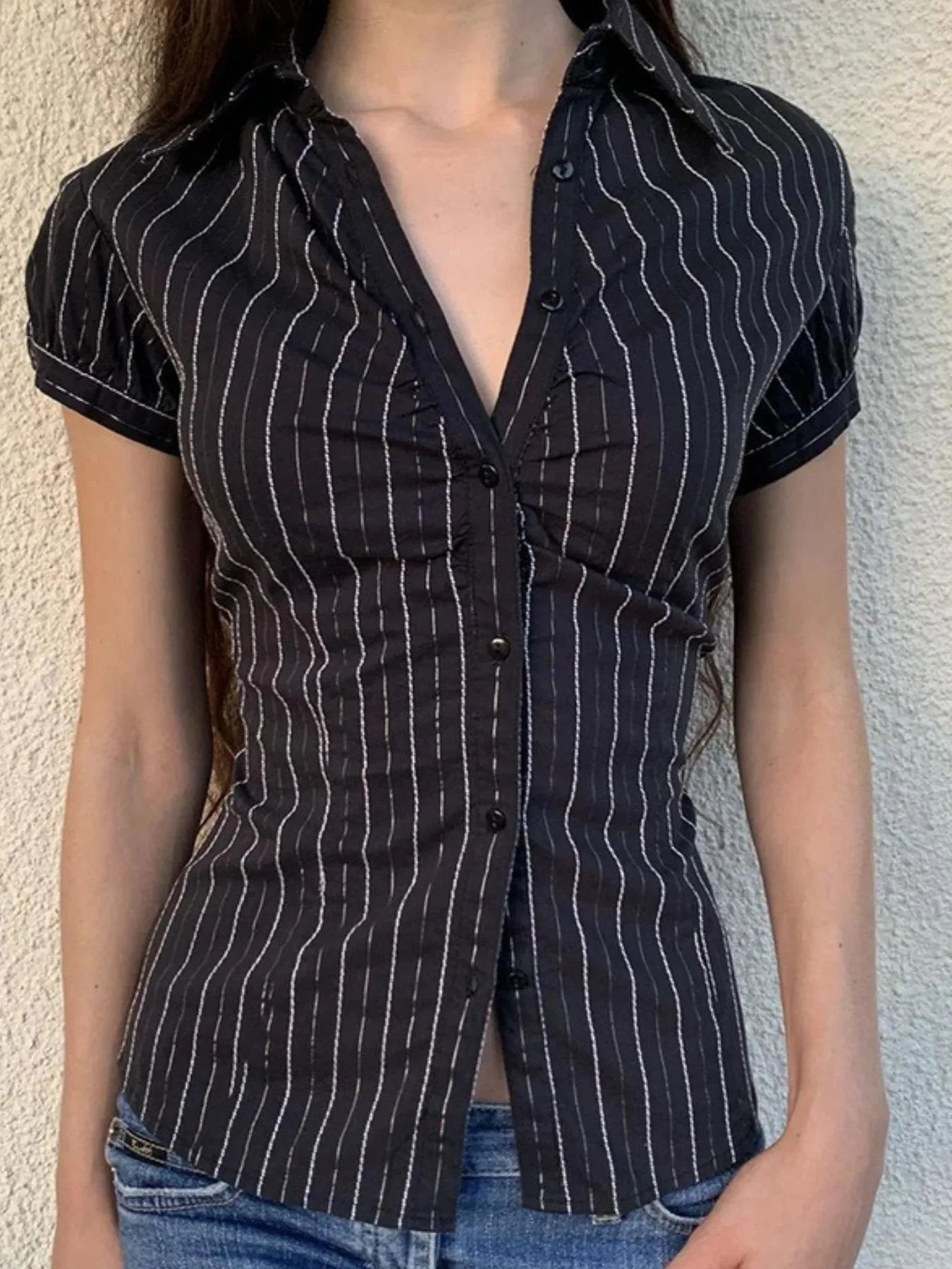 Striped Button-Down Collared Neck Shirt Black / S